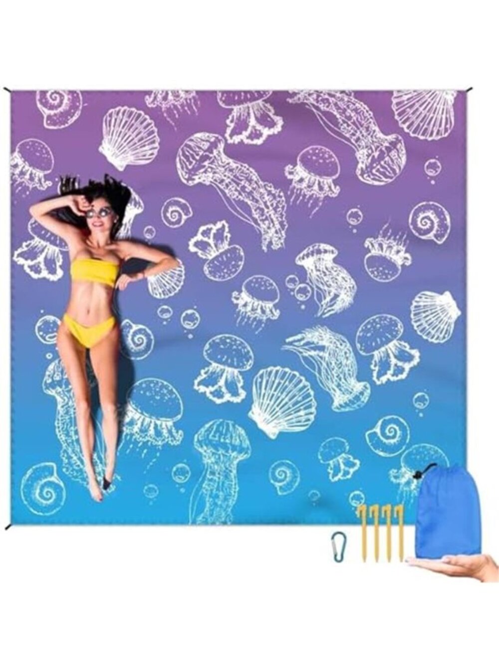 Large Beach Blanket Waterproof Sandproof 79x83 Outdoor Mat Stakes Purple